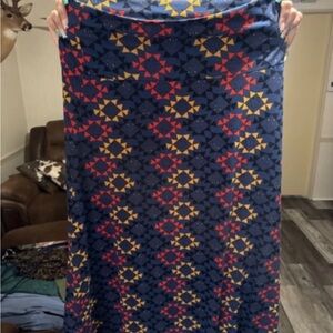 LuLaRoe Navy Maxi Skirt with Red & Gold Geometric Print
